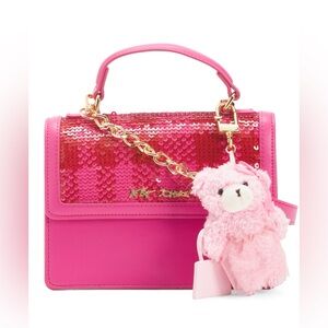 Betsey Johnson Pink Sequin Top-Handle Crossbody Bag with Bear Charm. NWT
